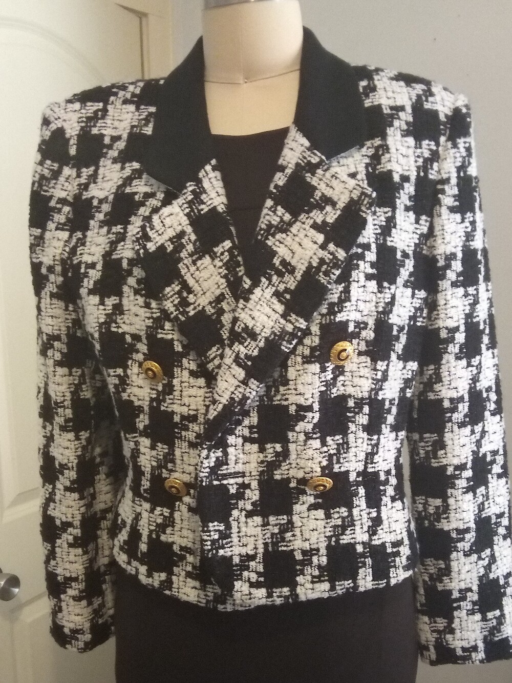 Vintage Black & White Tweed Double-Breasted Houndstooth Blazer Gold Buttons 80s